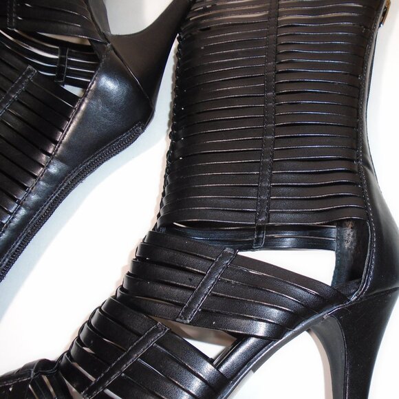 Colin Stuart Calf High Boots Stiletto Heel Pumps Skin Baring Peep Toe Black - Picture 6 of 14